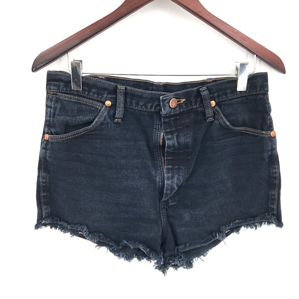 Wrangler cut off jean shorts high rise waist denim frayed hem blue boho 32 women